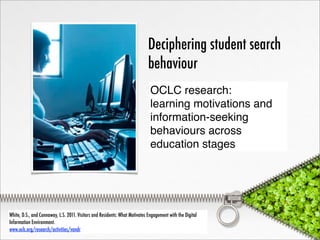 Deciphering student search
                                                                             behaviour
                                                                              OCLC research:
                                                                              learning motivations and
                                                                              information-seeking
                                                                              behaviours across
                                                                              education stages




White, D.S., and Connaway, L.S. 2011. Visitors and Residents: What Motivates Engagement with the Digital
Information Environment.
www.oclc.org/research/activities/vandr
 