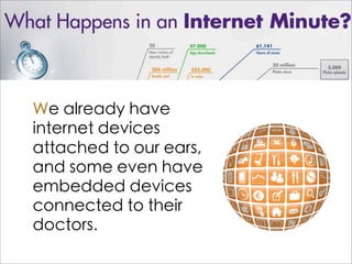 We already have
internet devices
attached to our ears,
and some even have
embedded devices
connected to their
doctors.
 