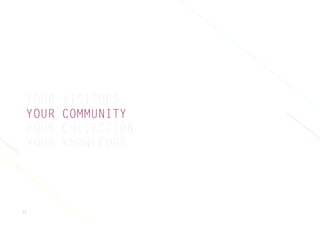 11
YOUR VISITORS
YOUR COMMUNITY
YOUR COLLECTION
YOUR KNOWLEDGE
 