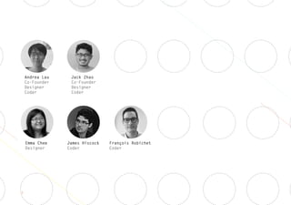 Andrea Lau
Co-Founder
Designer
Coder
Emma Chee
Designer
James Hiscock
Coder
Jack Zhao
Co-Founder
Designer
Coder
François Robichet
Coder
2
 
