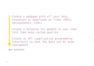 34
Create a webpage with all your data
resources as downloads or links (PDFs,
spreadsheets, CSVs)
Create a database for people to use, that
lets them make custom queries
Create an API (application programming
interface) so that the data can be used
everywhere
MOST ACCESSIBLE
 