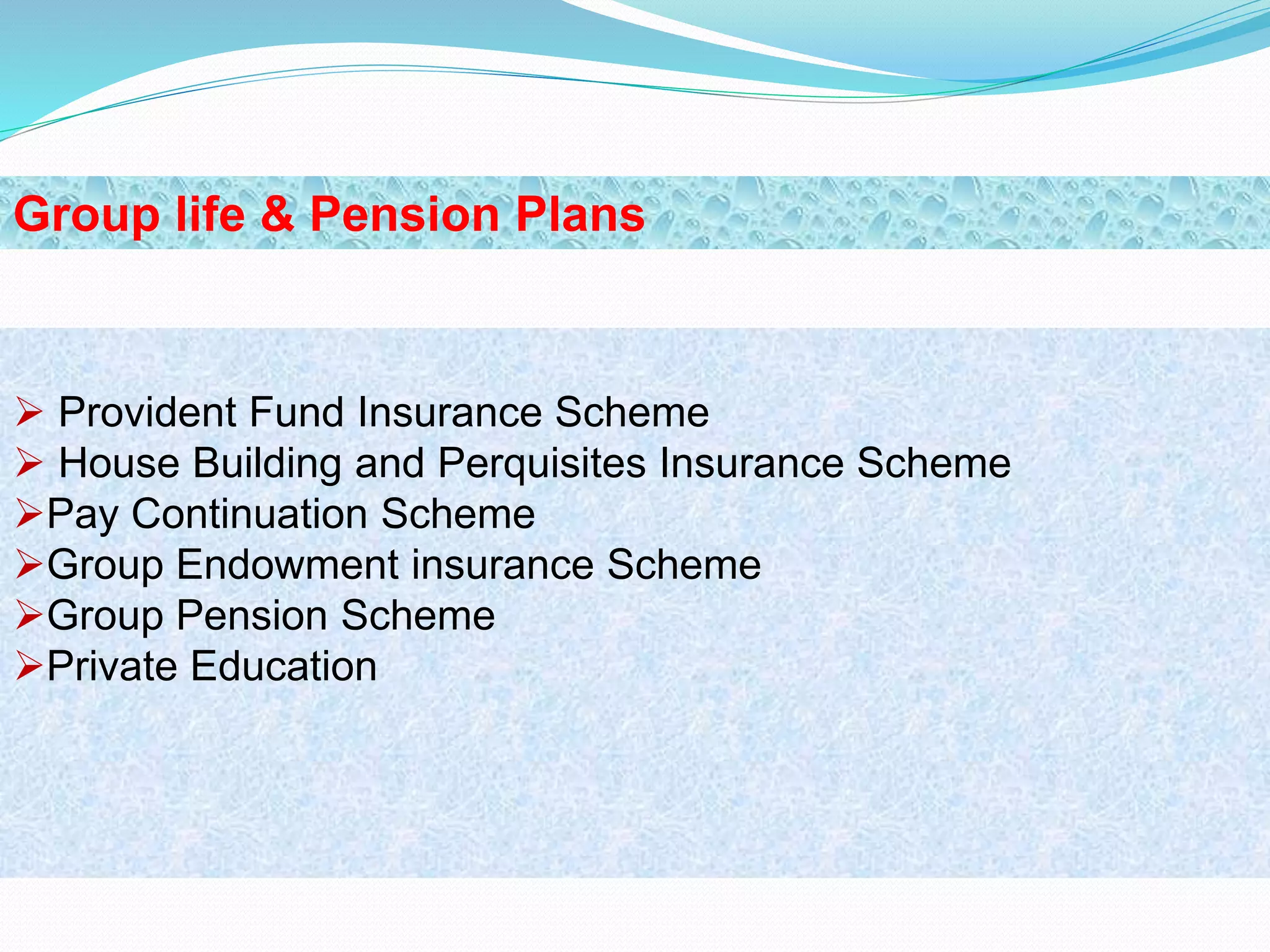  Provident Fund Insurance Scheme
 House Building and Perquisites Insurance Scheme
Pay Continuation Scheme
Group Endowment insurance Scheme
Group Pension Scheme
Private Education
Group life & Pension Plans
 
