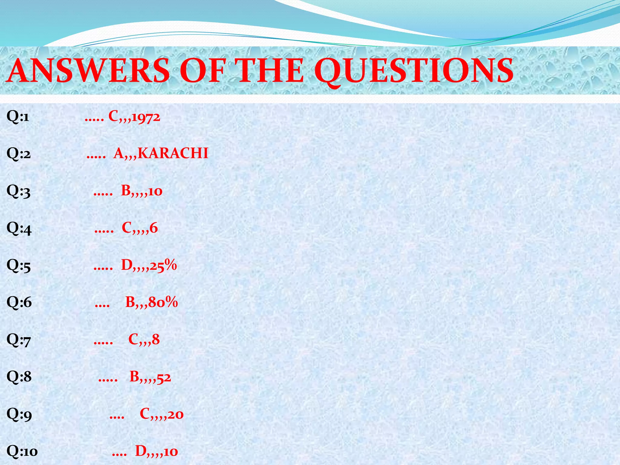 ANSWERS OF THE QUESTIONS
Q:1 ….. C,,,1972
Q:2 ….. A,,,KARACHI
Q:3 ….. B,,,,10
Q:4 ….. C,,,,6
Q:5 ….. D,,,,25%
Q:6 …. B,,,80%
Q:7 ….. C,,,8
Q:8 ….. B,,,,52
Q:9 …. C,,,,20
Q:10 …. D,,,,10
 