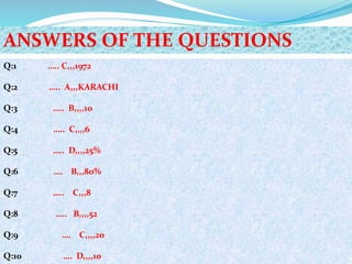ANSWERS OF THE QUESTIONS
Q:1 ….. C,,,1972
Q:2 ….. A,,,KARACHI
Q:3 ….. B,,,,10
Q:4 ….. C,,,,6
Q:5 ….. D,,,,25%
Q:6 …. B,,,80%
Q:7 ….. C,,,8
Q:8 ….. B,,,,52
Q:9 …. C,,,,20
Q:10 …. D,,,,10
 