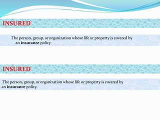 INSURED
The person, group, or organization whose life or property is covered by
an insurance policy.
The person, group, or organization whose life or property is covered by
an insurance policy.
INSURED
 