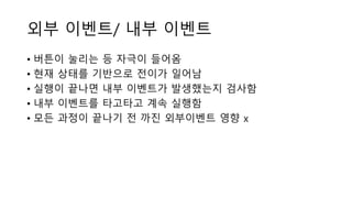 외부 이벤트/ 내부 이벤트
• 버튼이 눌리는 등 자극이 들어옴
• 현재 상태를 기반으로 전이가 일어남
• 실행이 끝나면 내부 이벤트가 발생했는지 검사함
• 내부 이벤트를 타고타고 계속 실행함
• 모든 과정이 끝나기 전 까진 외부이벤트 영향 x
 