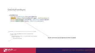 INSIRA A TECNOLOGIA MICROSOFT
AQUI
Acción asíncrona que se ejecuta al entrar al estado
OnEntryFromAsync
 