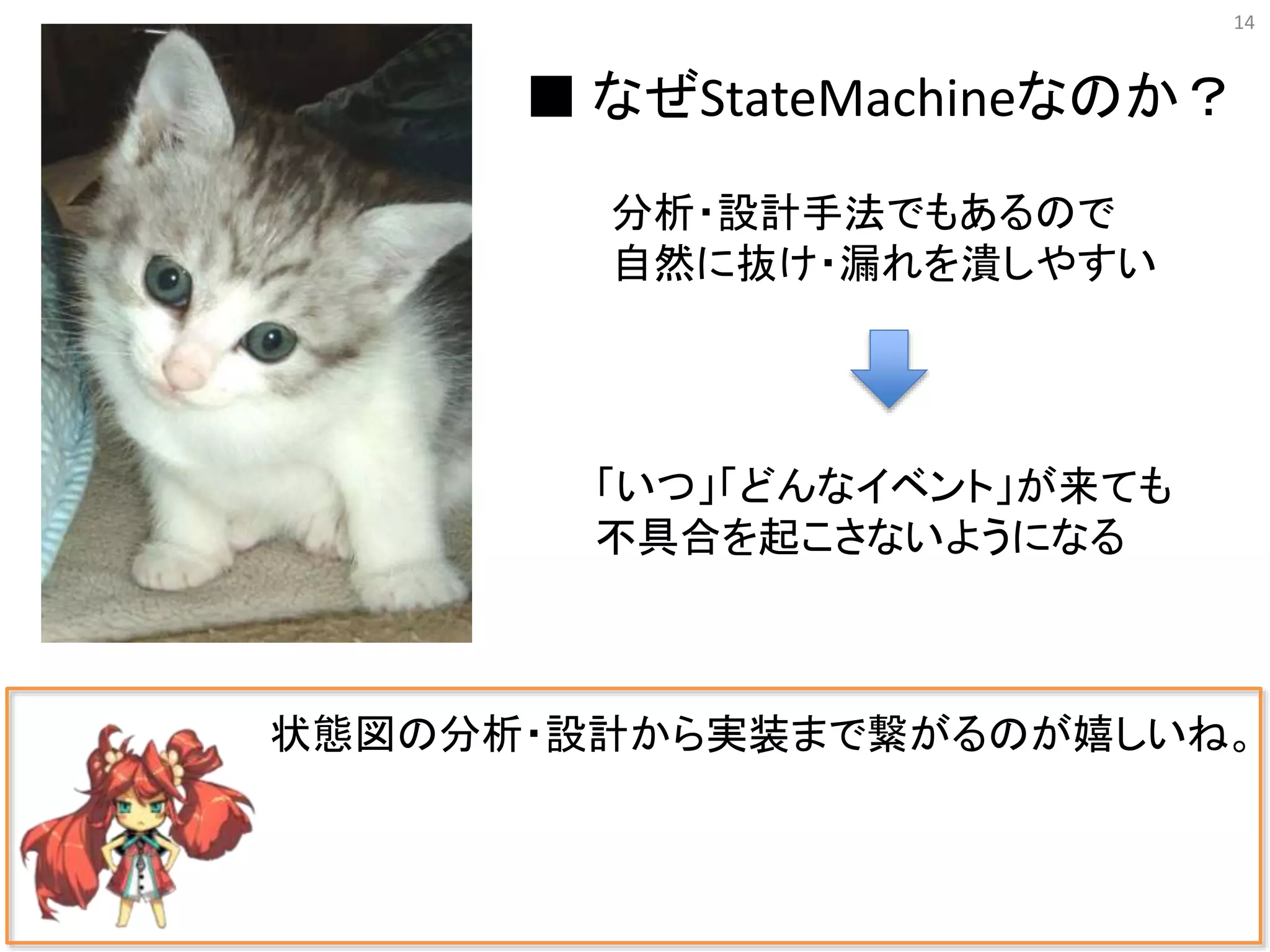 14
状態図の分析・設計から実装まで繋がるのが嬉しいね。
「いつ」「どんなイベント」が来ても
不具合を起こさないようになる
■ なぜStateMachineなのか？
分析・設計手法でもあるので
自然に抜け・漏れを潰しやすい
 