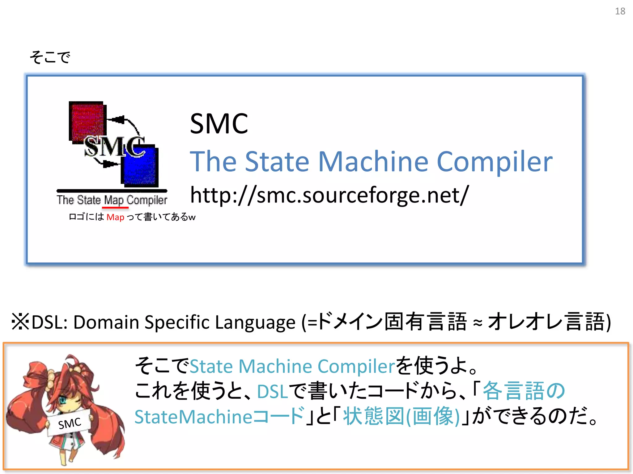 18
そこでState Machine Compilerを使うよ。
これを使うと、DSLで書いたコードから、「各言語の
StateMachineコード」と「状態図(画像)」ができるのだ。
※DSL: Domain Specific Language (=ドメイン固有言語 ≈ オレオレ言語)
SMC
The State Machine Compiler
http://smc.sourceforge.net/
ロゴには Map って書いてあるｗ
そこで
 