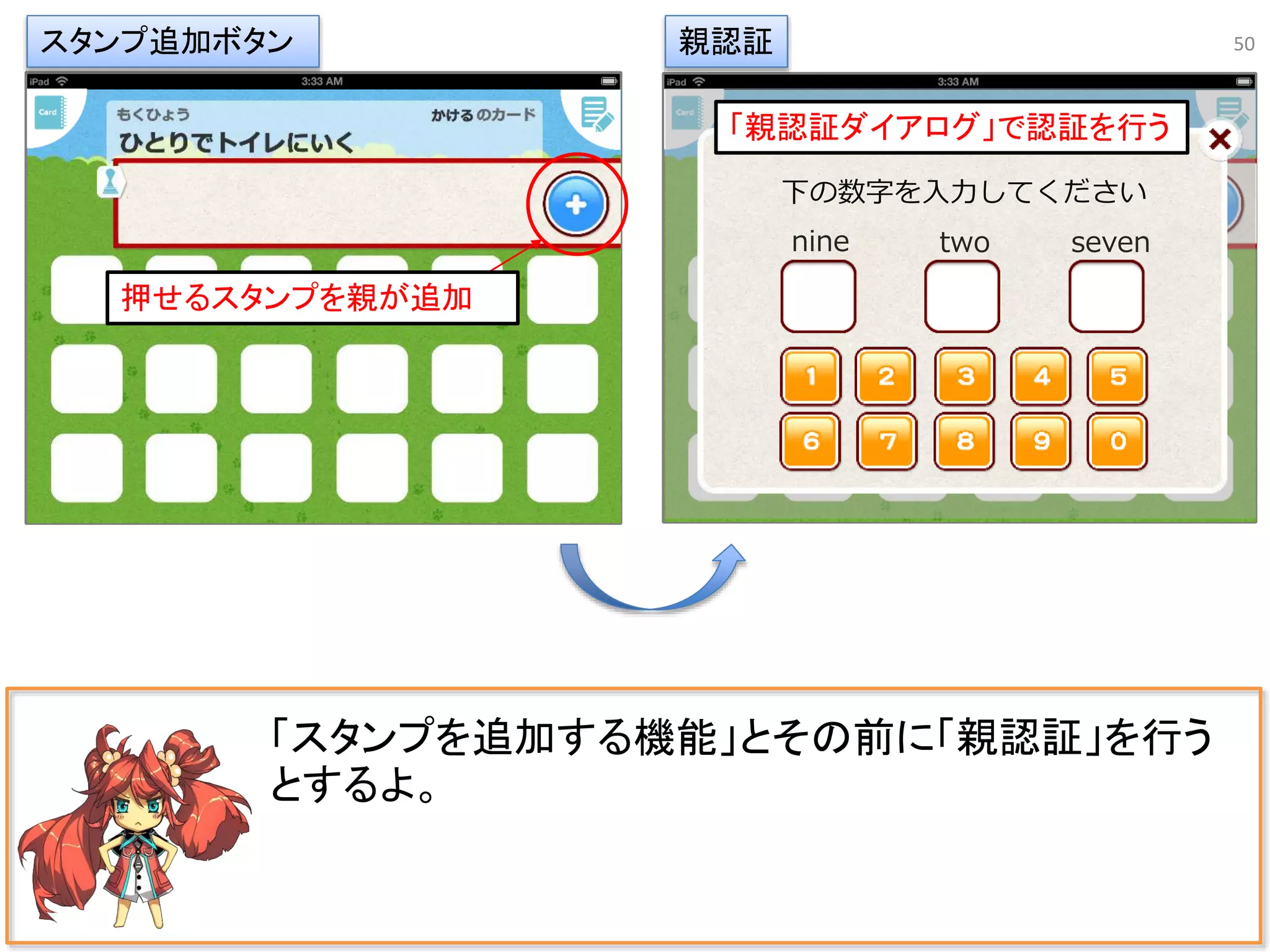 50
「スタンプを追加する機能」とその前に「親認証」を行う
とするよ。
押せるスタンプを親が追加
下の数字を入力してください
nine two seven
親認証スタンプ追加ボタン
「親認証ダイアログ」で認証を行う
 