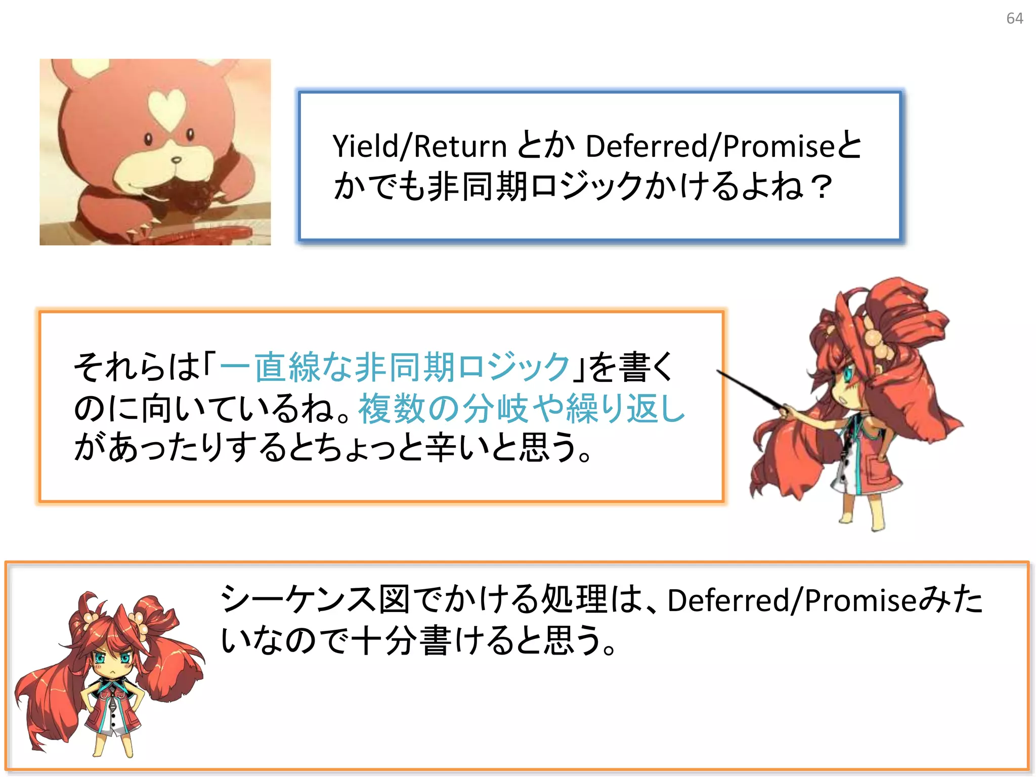 64
シーケンス図でかける処理は、Deferred/Promiseみた
いなので十分書けると思う。
Yield/Return とか Deferred/Promiseと
かでも非同期ロジックかけるよね？
それらは「一直線な非同期ロジック」を書く
のに向いているね。複数の分岐や繰り返し
があったりするとちょっと辛いと思う。
 
