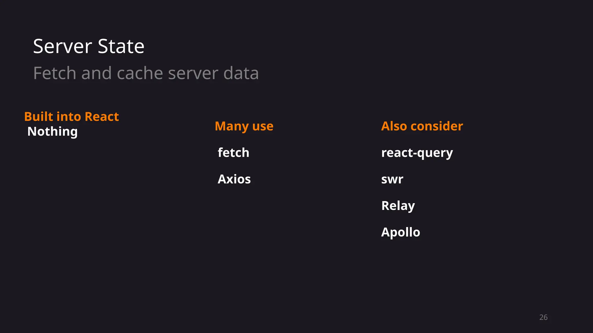26
Server State
Fetch and cache server data
Many use
fetch
Axios
Also consider
react-query
swr
Relay
Apollo
Built into React
Nothing
 