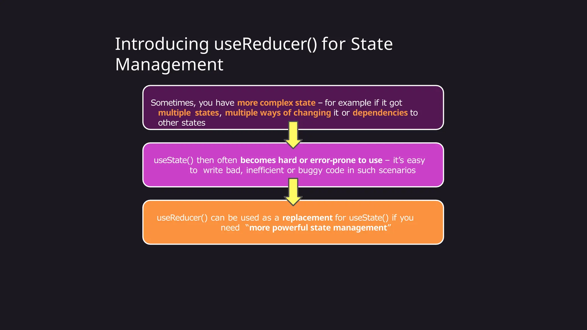 Introducing useReducer() for State
Management
Sometimes, you have more complex state – for example if it got
multiple states, multiple ways of changing it or dependencies to
other states
useState() then often becomes hard or error-prone to use – it’s easy
to write bad, inefficient or buggy code in such scenarios
useReducer() can be used as a replacement for useState() if you
need “more powerful state management”
 
