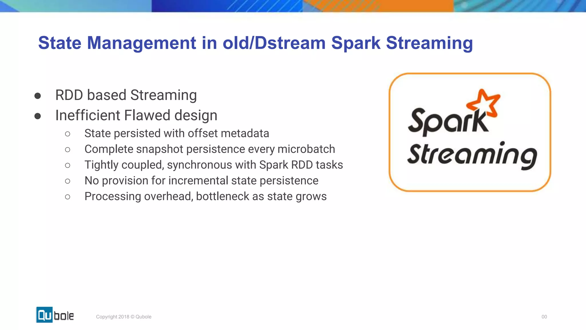 00Copyright 2018 © Qubole
State Management in old/Dstream Spark Streaming
● RDD based Streaming
● Inefficient Flawed design
○ State persisted with offset metadata
○ Complete snapshot persistence every microbatch
○ Tightly coupled, synchronous with Spark RDD tasks
○ No provision for incremental state persistence
○ Processing overhead, bottleneck as state grows
 