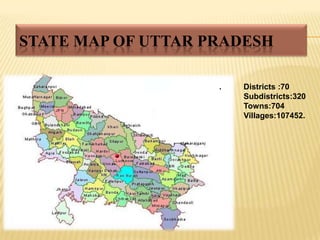STATE MAP OF UTTAR PRADESH

                    .   Districts :70
                        Subdistricts:320
                        Towns:704
                        Villages:107452.
 