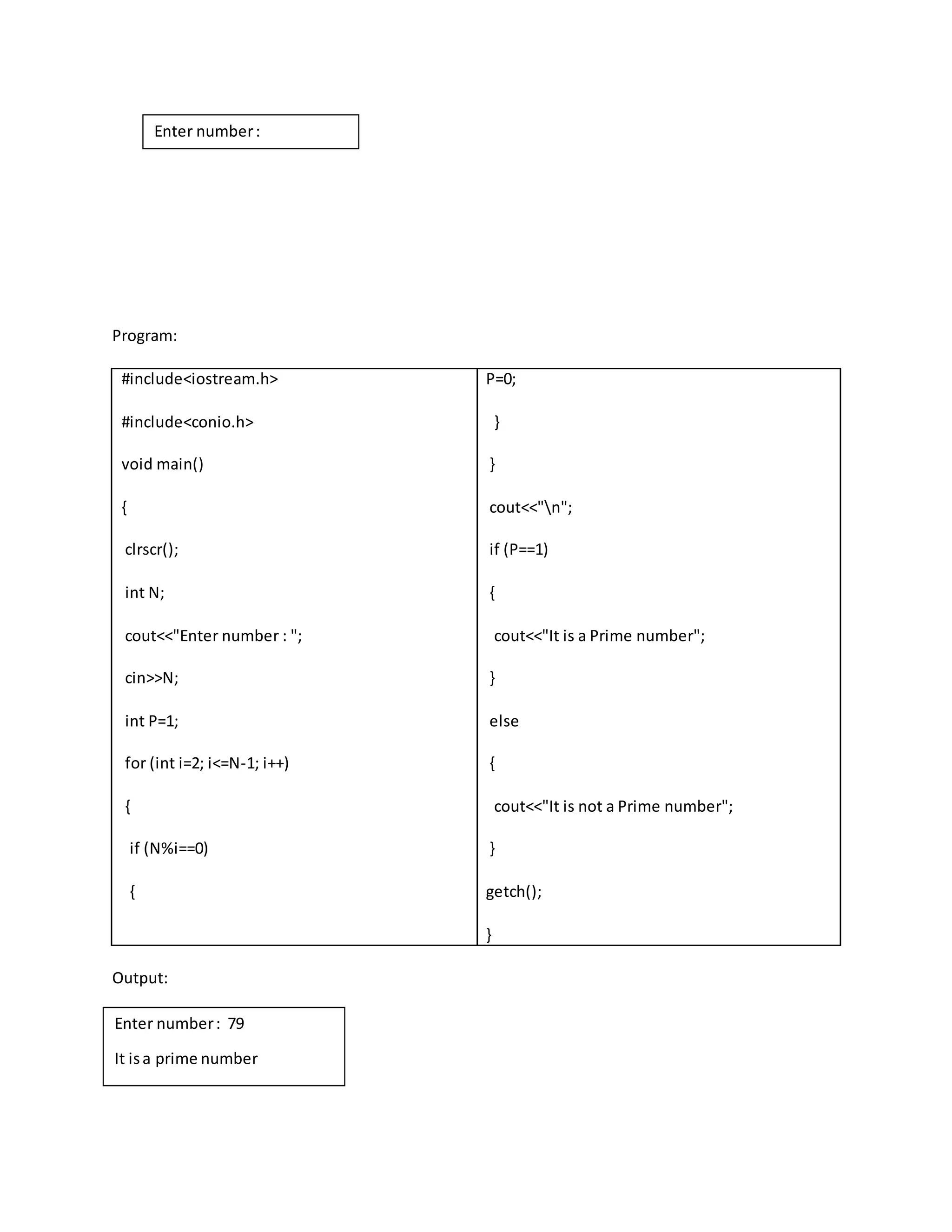 Enter number : 
Program: 
#include<iostream.h> 
#include<conio.h> 
void main() 
{ 
clrscr(); 
int N; 
cout<<"Enter number : "; 
cin>>N; 
int P=1; 
for (int i=2; i<=N-1; i++) 
{ 
if (N%i==0) 
{ 
P=0; 
} 
} 
cout<<"n"; 
if (P==1) 
{ 
cout<<"It is a Prime number"; 
} 
else 
{ 
cout<<"It is not a Prime number"; 
} 
getch(); 
} 
Output: 
Enter number : 79 
It is a prime number 
 