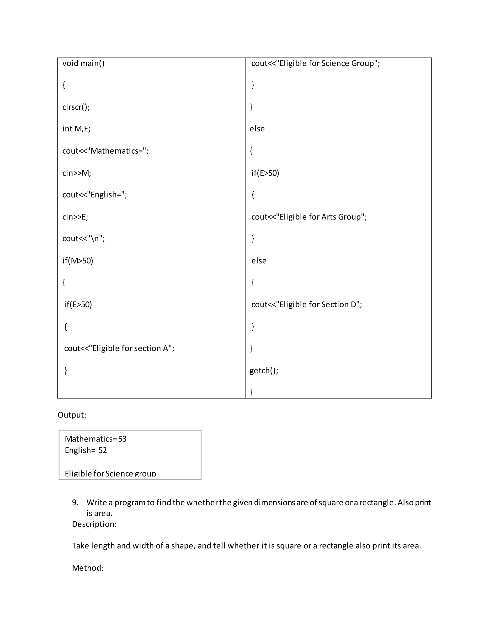 void main() 
{ 
clrscr(); 
int M,E; 
cout<<"Mathematics="; 
cin>>M; 
cout<<"English="; 
cin>>E; 
cout<<"n"; 
if(M>50) 
{ 
if(E>50) 
{ 
cout<<"Eligible for section A"; 
} 
cout<<"Eligible for Science Group"; 
} 
} 
else 
{ 
if(E>50) 
{ 
cout<<"Eligible for Arts Group"; 
} 
else 
{ 
cout<<"Eligible for Section D"; 
} 
} 
getch(); 
} 
Output: 
Mathematics= 53 
English= 52 
Eligible for Science group 
9. Write a program to find the whether the given dimensions are of square or a rectangle. Also print 
is area. 
Description: 
Take length and width of a shape, and tell whether it is square or a rectangle also print its area. 
Method: 
 