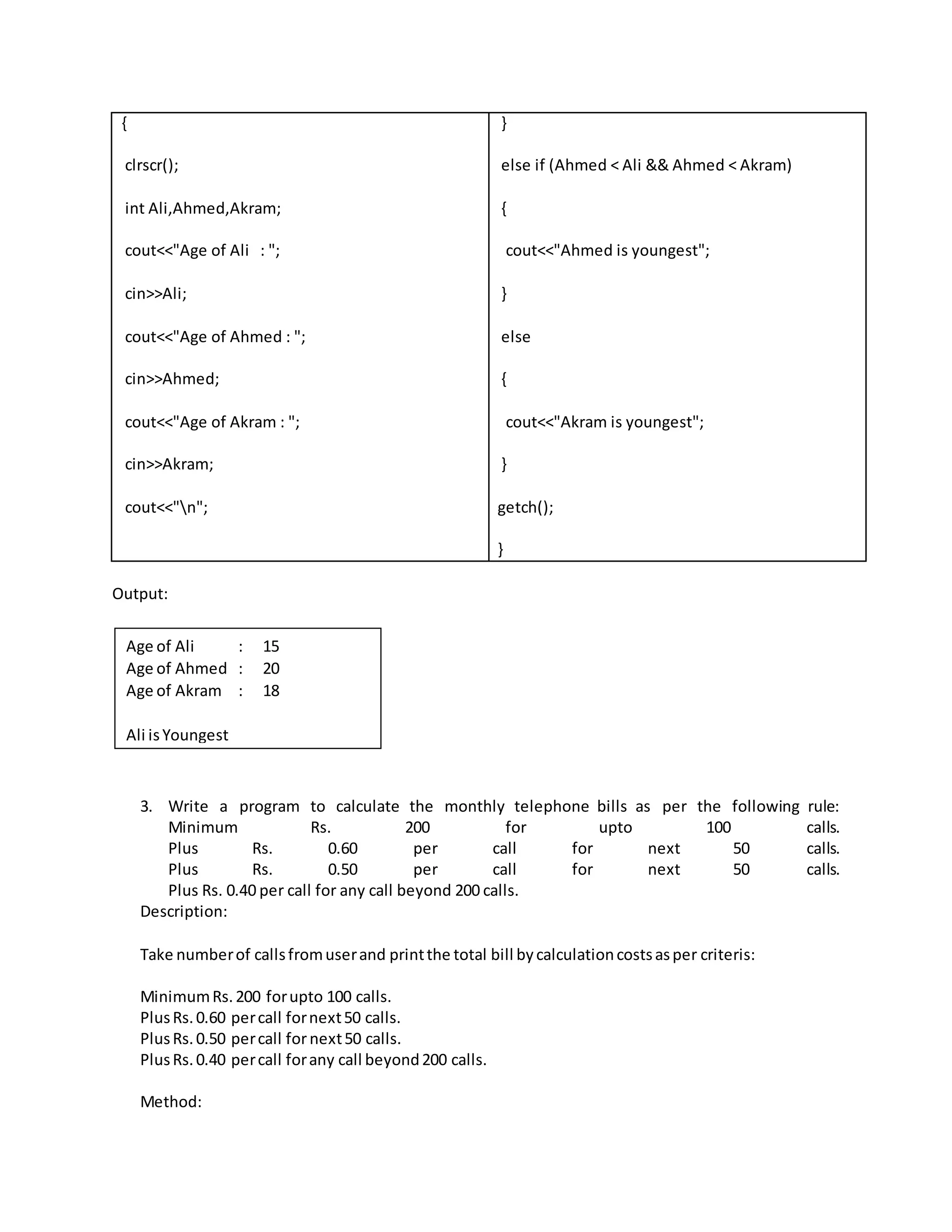 { 
clrscr(); 
int Ali,Ahmed,Akram; 
cout<<"Age of Ali : "; 
cin>>Ali; 
cout<<"Age of Ahmed : "; 
cin>>Ahmed; 
cout<<"Age of Akram : "; 
cin>>Akram; 
cout<<"n"; 
} 
else if (Ahmed < Ali && Ahmed < Akram) 
{ 
cout<<"Ahmed is youngest"; 
} 
else 
{ 
cout<<"Akram is youngest"; 
} 
getch(); 
} 
Output: 
Age of Ali : 15 
Age of Ahmed : 20 
Age of Akram : 18 
Ali is Youngest 
3. Write a program to calculate the monthly telephone bills as per the following rule: 
Minimum Rs. 200 for upto 100 calls. 
Plus Rs. 0.60 per call for next 50 calls. 
Plus Rs. 0.50 per call for next 50 calls. 
Plus Rs. 0.40 per call for any call beyond 200 calls. 
Description: 
Take number of calls from user and print the total bill by calculation costs as per criteris: 
Minimum Rs. 200 for upto 100 calls. 
Plus Rs. 0.60 per call for next 50 calls. 
Plus Rs. 0.50 per call for next 50 calls. 
Plus Rs. 0.40 per call for any call beyond 200 calls. 
Method: 
 