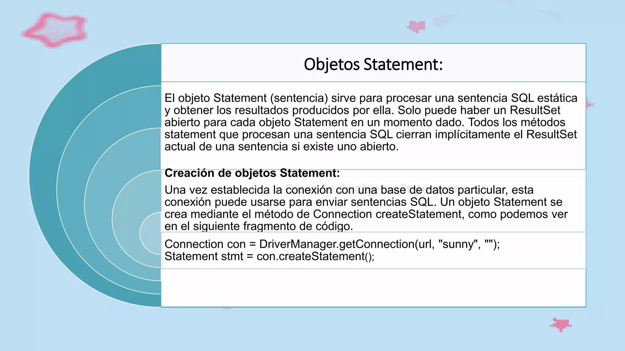 Objetos Statement:
El objeto Statement (sentencia) sirve para procesar una sentencia SQL estática
y obtener los resultados producidos por ella. Solo puede haber un ResultSet
abierto para cada objeto Statement en un momento dado. Todos los métodos
statement que procesan una sentencia SQL cierran implícitamente el ResultSet
actual de una sentencia si existe uno abierto.
Creación de objetos Statement:
Creación de objetos Statement:
Una vez establecida la conexión con una base de datos particular, esta
conexión puede usarse para enviar sentencias SQL. Un objeto Statement se
crea mediante el método de Connection createStatement, como podemos ver
en el siguiente fragmento de código.
Connection con = DriverManager.getConnection(url, "sunny", "");
Statement stmt = con.createStatement();
 