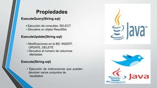 Propiedades
ExecuteQuery(String sql)
• Ejecución de consultas: SELECT
• Devuelve un objeto ResultSet
ExecuteUpdate(String sql)
• Modificaciones en la BD: INSERT,
UPDATE, DELETE
• Devuelve el número de columnas
afectadas
Execute(String sql)
• Ejecución de instrucciones que pueden
devolver varios conjuntos de
resultados