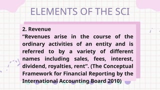 ELEMENTS OF THE SCI
2. Revenue
“Revenues arise in the course of the
ordinary activities of an entity and is
referred to by a variety of different
names including sales, fees, interest,
dividend, royalties, rent”. (The Conceptual
Framework for Financial Reporting by the
International Accounting Board 2010)
 