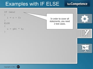 Examples with IF ELSE
IF (weu)
{
  i = o - f;        In order to cover all
}                  statements, you need
ELSE                    2 test cases.
{
  u = gkt * k;
}




Copyright © 2013
 