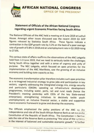 Statement by ANC President Ramaphosa on Economy 