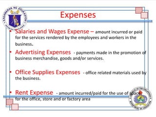 Expenses
• Salaries and Wages Expense – amount incurred or paid
for the services rendered by the employees and workers in the
business.
• Advertising Expenses - payments made in the promotion of
business merchandise, goods and/or services.
• Office Supplies Expenses - office related materials used by
the business.
• Rent Expense - amount incurred/paid for the use of space
for the office, store and or factory area
 