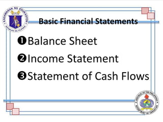 Basic Financial Statements
Balance Sheet
Income Statement
Statement of Cash Flows
 