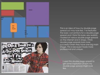 This is an idea of how my double page
spread out may look like. I’ve featured
the basic conventions for a double page
spread and I think this looks very realistic.
I looked at various double page spreads
on the internet and in shops. I think
double page spreads look more
successful when they have one big main
image. This is because it looks more
professional and unique.




   I used this double page spread to
   get some inspiration of how my
   double page spread might look
   like.
 