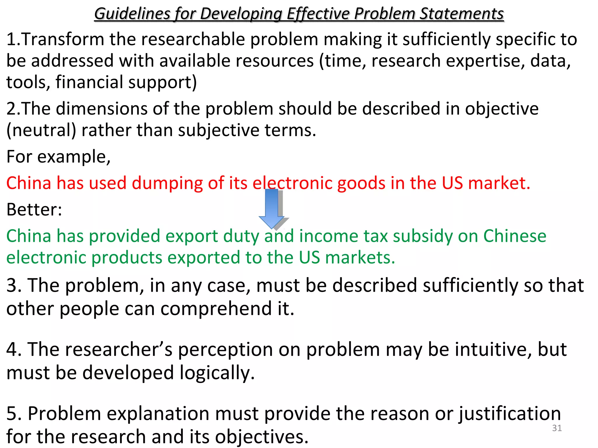Guidelines for Developing Effective Problem Statements

1.Transform the researchable problem making it sufficiently specific to
be addressed with available resources (time, research expertise, data,
tools, financial support)
2.The dimensions of the problem should be described in objective
(neutral) rather than subjective terms.
For example,
China has used dumping of its electronic goods in the US market.
Better:
China has provided export duty and income tax subsidy on Chinese
electronic products exported to the US markets.

3. The problem, in any case, must be described sufficiently so that
other people can comprehend it.
4. The researcher’s perception on problem may be intuitive, but
must be developed logically.
5. Problem explanation must provide the reason or justification
31
for the research and its objectives.

 