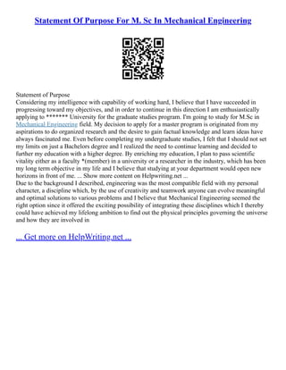 Statement Of Purpose For M. Sc In Mechanical Engineering | PDF