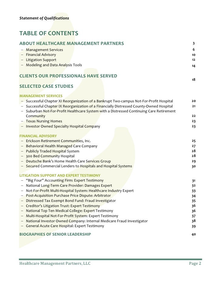 healthcare management partners statement of qualifications healthcare qualifications