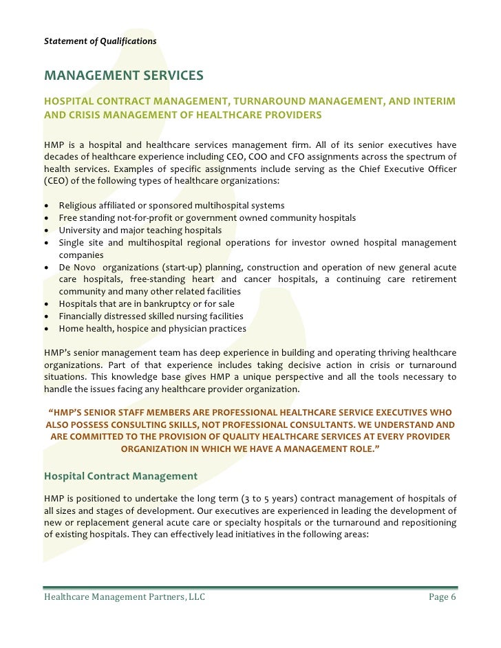 healthcare management partners statement of qualifications healthcare qualifications