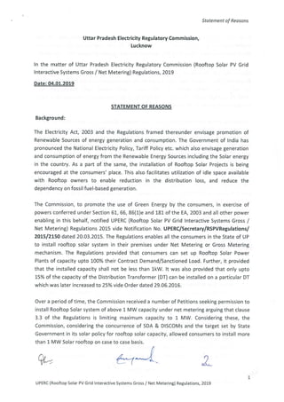 Statement of Reasons Uttar Pradesh Rooftop Solar Regulation 2019Statement of reasons rspv regulation 2019