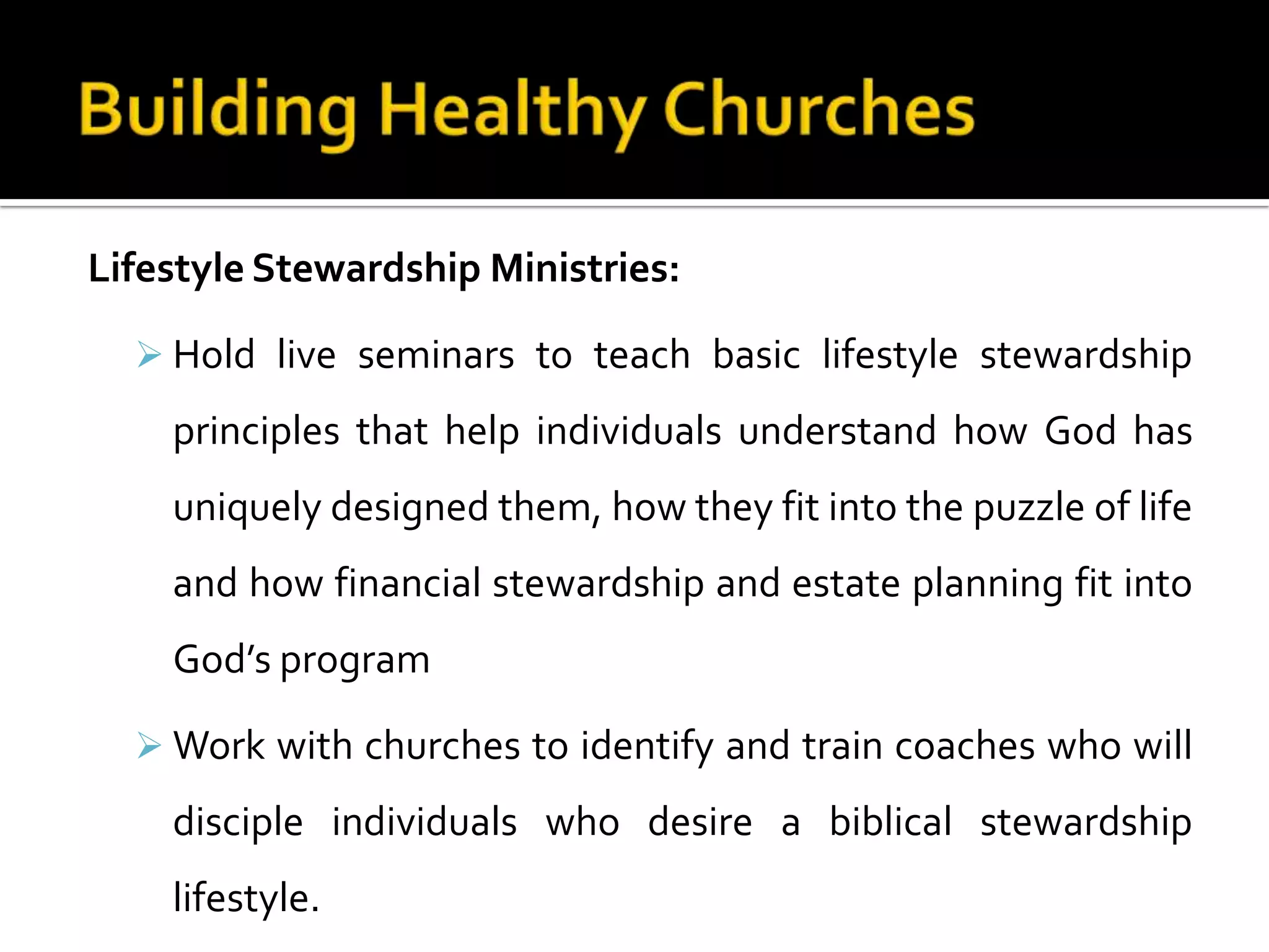 Cultivate Church LeadersWe likewise seek to equip pastors and other church leaders with tools and resources that allow them to pursue excellence in ministry under the sovereign hand of God. We are committed to see systematic transformation that leads to health, growth, the making of new disciples and eventually congregational reproduction. We will accomplish this through a strategy that includes the following elements. 