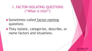LA SALLE-LA SALLE-
1. FACTOR-ISOLATING QUESTIONS
(“What is this?”)
Sometimes called factor-naming
questions
They isolate, categorize, describe, or
name factors and situations.
 