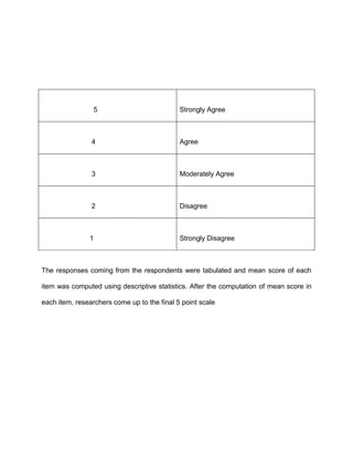 5 Strongly Agree
4 Agree
3 Moderately Agree
2 Disagree
1 Strongly Disagree
The responses coming from the respondents were tabulated and mean score of each
item was computed using descriptive statistics. After the computation of mean score in
each item, researchers come up to the final 5 point scale
 