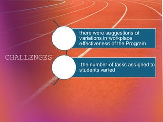 CHALLENGES
there were suggestions of
variations in workplace
effectiveness of the Program
the number of tasks assigned to
students varied
 