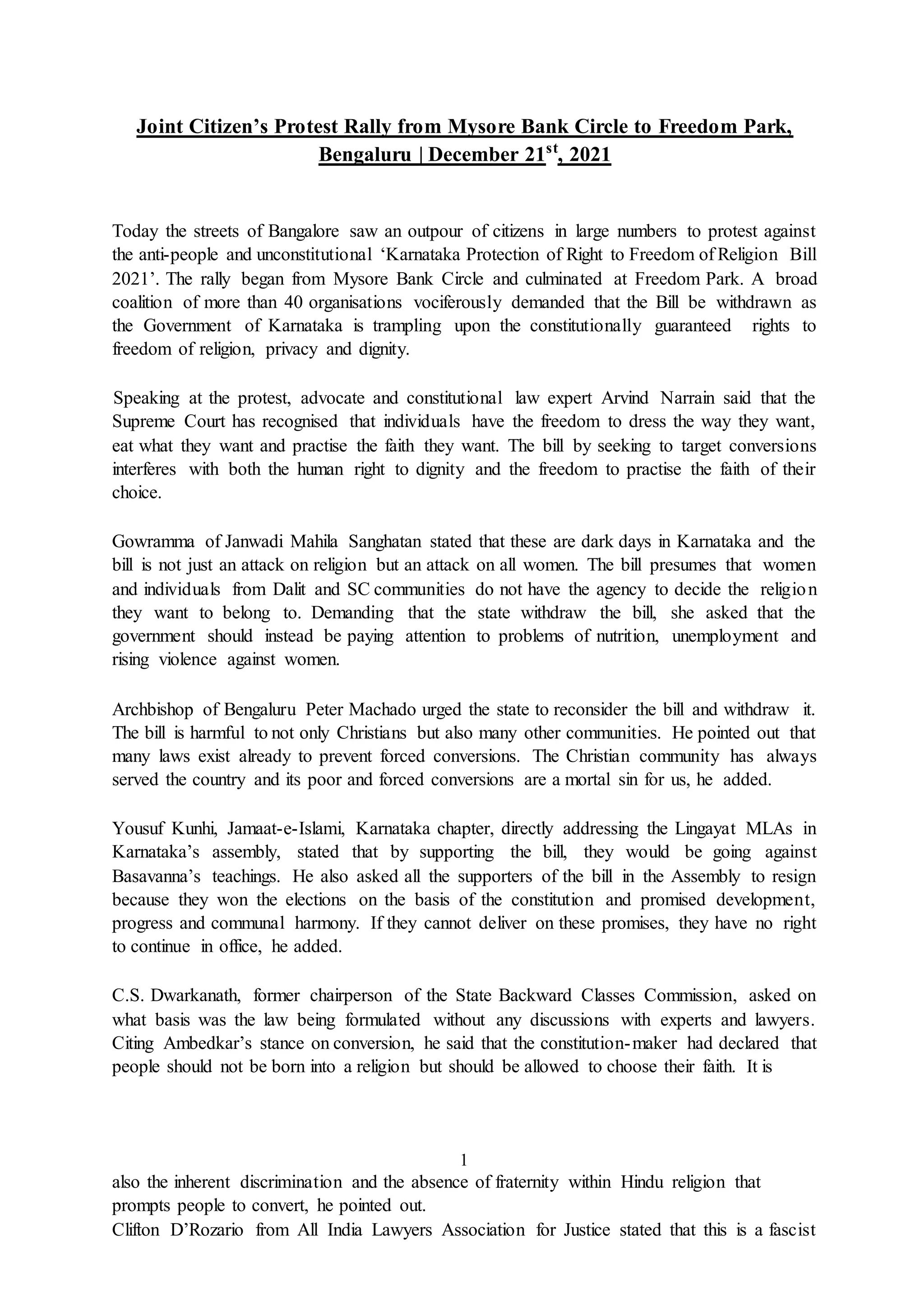 Statement rally against anti conversion bill in karnataka | DOCX