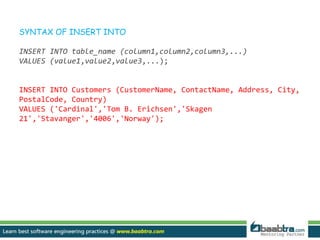 SYNTAX OF INSERT INTO 
INSERT INTO table_name (column1,column2,column3,...) 
VALUES (value1,value2,value3,...); 
INSERT INTO Customers (CustomerName, ContactName, Address, City, 
PostalCode, Country) 
VALUES ('Cardinal','Tom B. Erichsen','Skagen 
21','Stavanger','4006','Norway'); 
 
