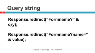 Query string
Response.redirect(“Formname?” &
qry);
Response.redirect(“Formname?name=”
& value);
18
Shyam N. Chawda 9374928879
 