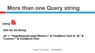 More than one Query string
Using &
Dim str As String
str = "PageRequest.aspx?Name=" & TextBox1.Text & "&" &
"Lname=" & TextBox2.Text
21
Shyam N. Chawda 9374928879
 