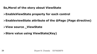 Shyam N. Chawda 937492887929
So,Moral of the story about ViewState
EnableViewState property for each control
EnableviewState attribute of the @Page (Page directive)
View source _ViewState
Store value using ViewState(Key)
 