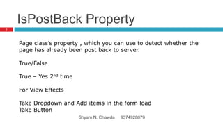 IsPostBack Property
Page class’s property , which you can use to detect whether the
page has already been post back to server.
True/False
True – Yes 2nd time
For View Effects
Take Dropdown and Add items in the form load
Take Button
3
Shyam N. Chawda 9374928879
 