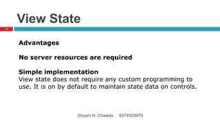 View State
Advantages
No server resources are required
Simple implementation
View state does not require any custom programming to
use. It is on by default to maintain state data on controls.
30
Shyam N. Chawda 9374928879
 