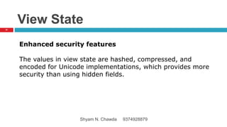 View State
Enhanced security features
The values in view state are hashed, compressed, and
encoded for Unicode implementations, which provides more
security than using hidden fields.
31
Shyam N. Chawda 9374928879
 