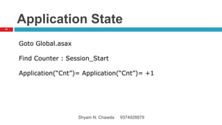 Application State
Goto Global.asax
Find Counter : Session_Start
Application(“Cnt”)= Application(“Cnt”)= +1
57
Shyam N. Chawda 9374928879
 