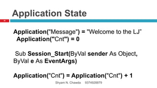 Application State
Application("Message") = "Welcome to the LJ”
Application("Cnt") = 0
Sub Session_Start(ByVal sender As Object,
ByVal e As EventArgs)
Application("Cnt") = Application("Cnt") + 1
58
Shyam N. Chawda 9374928879
 