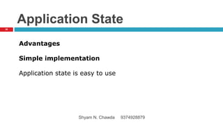 Application State
Advantages
Simple implementation
Application state is easy to use
59
Shyam N. Chawda 9374928879
 